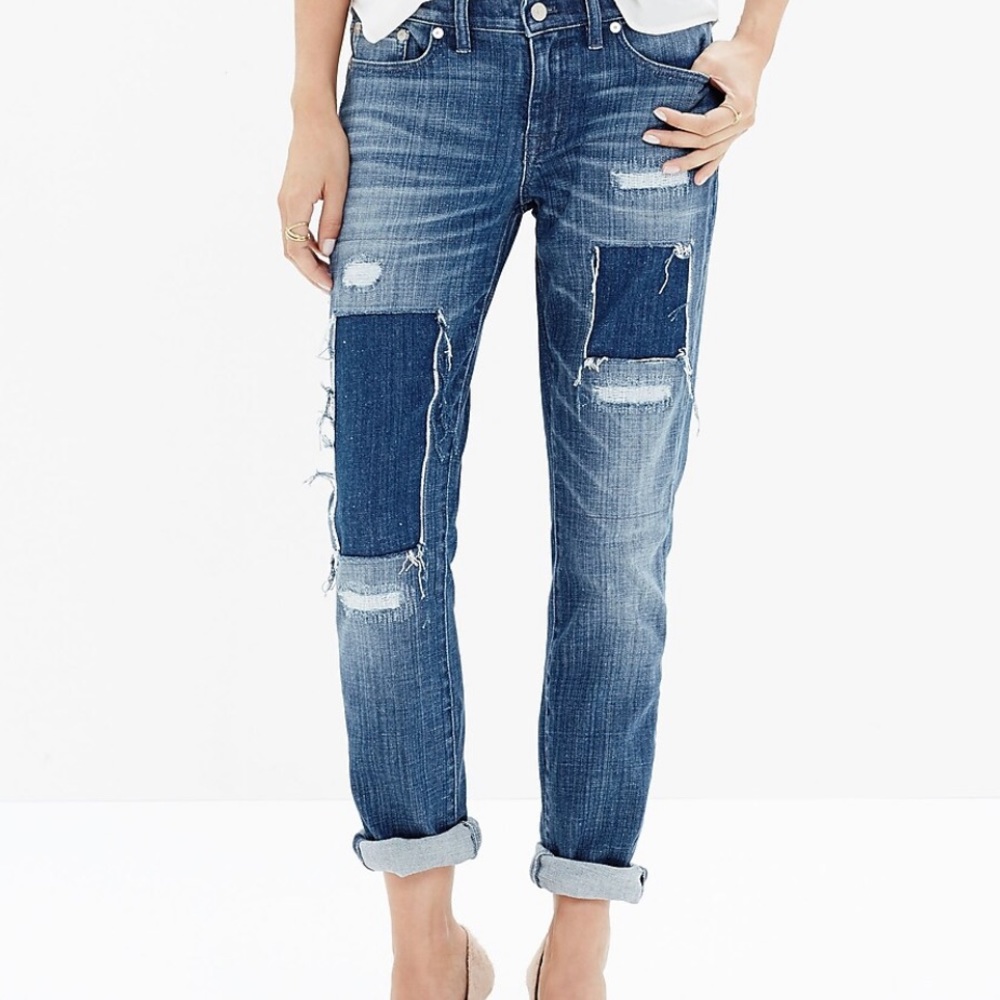 Madewell the Slim boy jean patches -Up Edition Springfield Wash distress jeans.